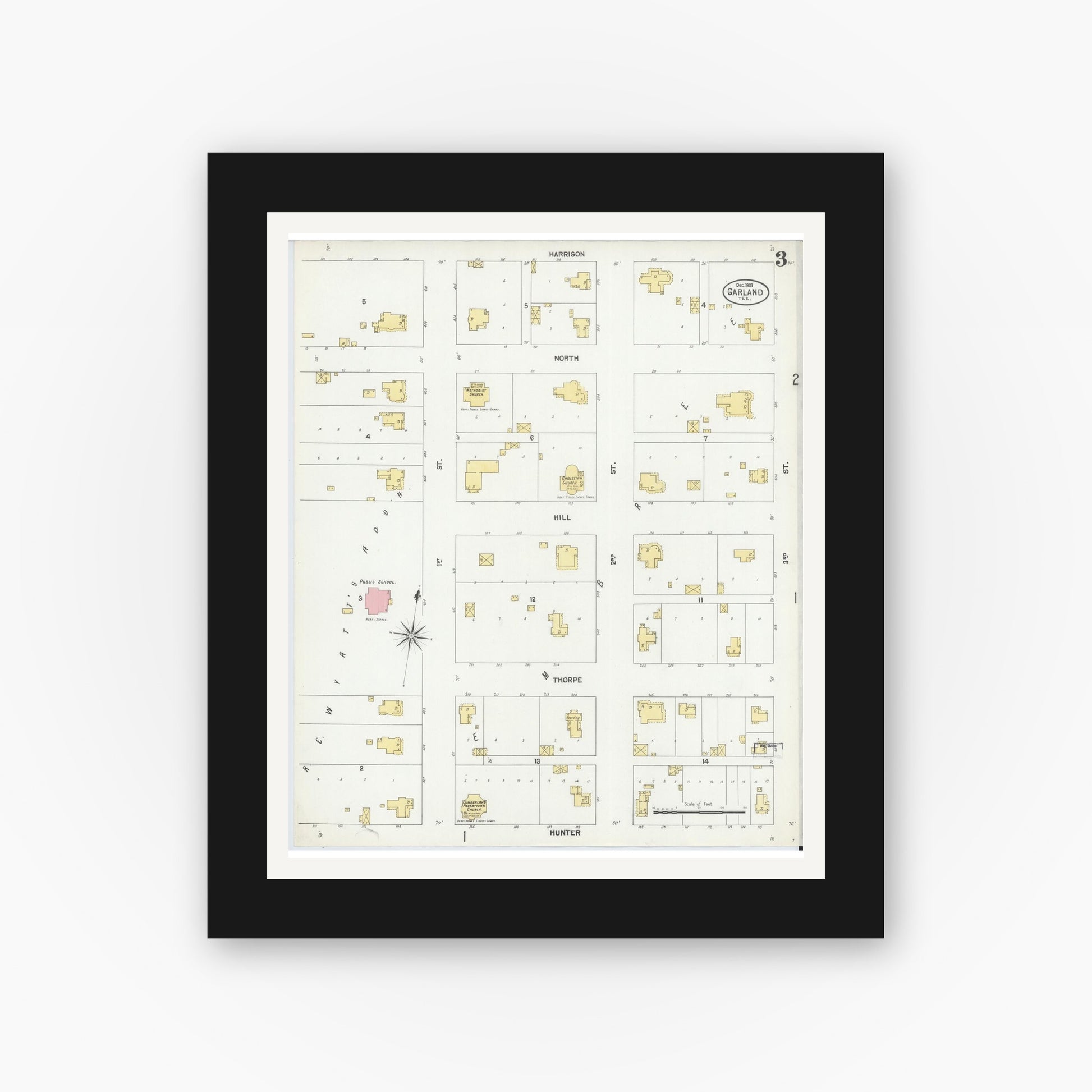 Old map wall art mockup — black gallery frame with white mat — Sanborn Fire Insurance Map from Garland, Dallas County, Texas (1901), Sheet #0003