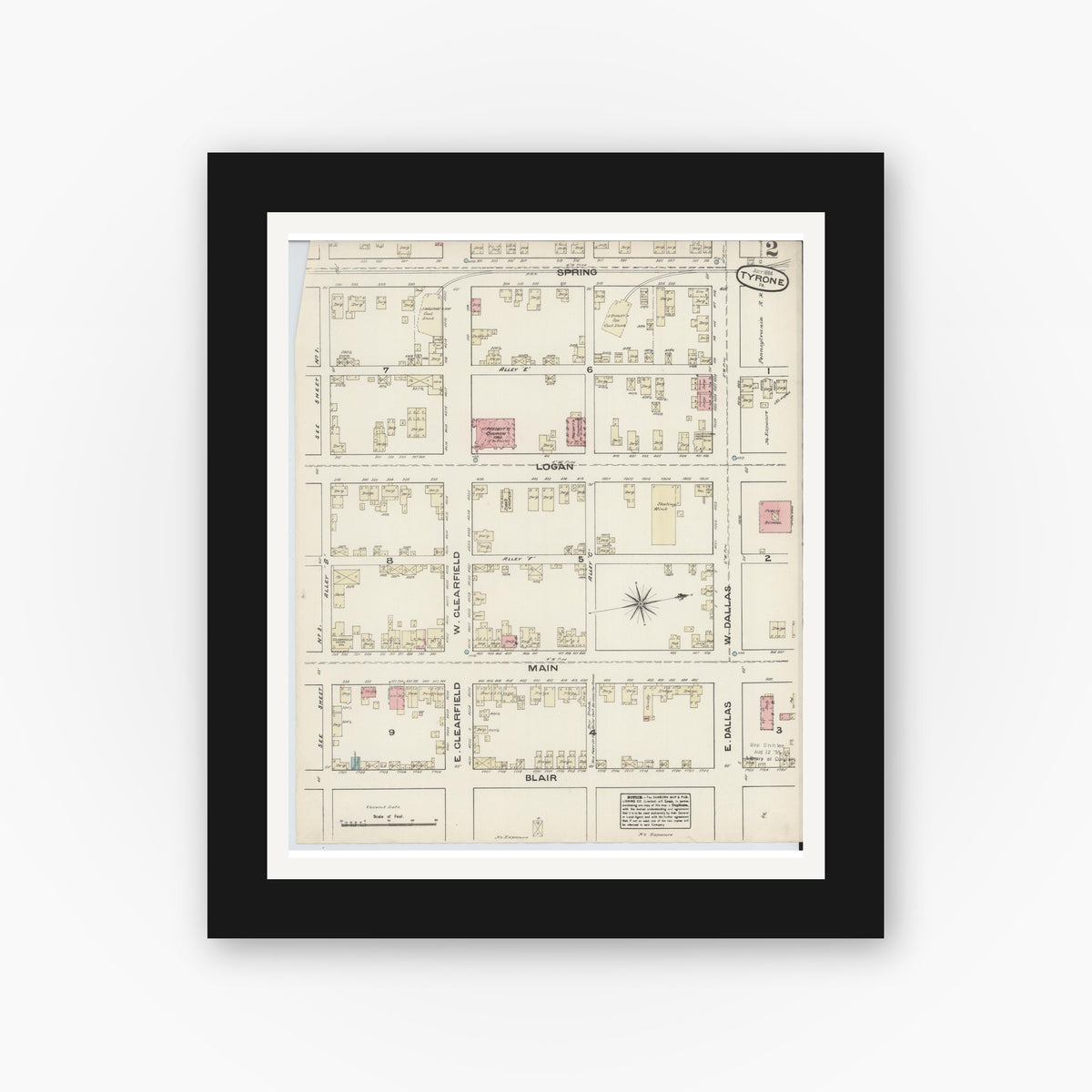 Old map wall art mockup — black gallery frame with white mat — Sanborn Fire Insurance Map from Tyrone, Blair County, Pennsylvania (1884), Sheet #0002
