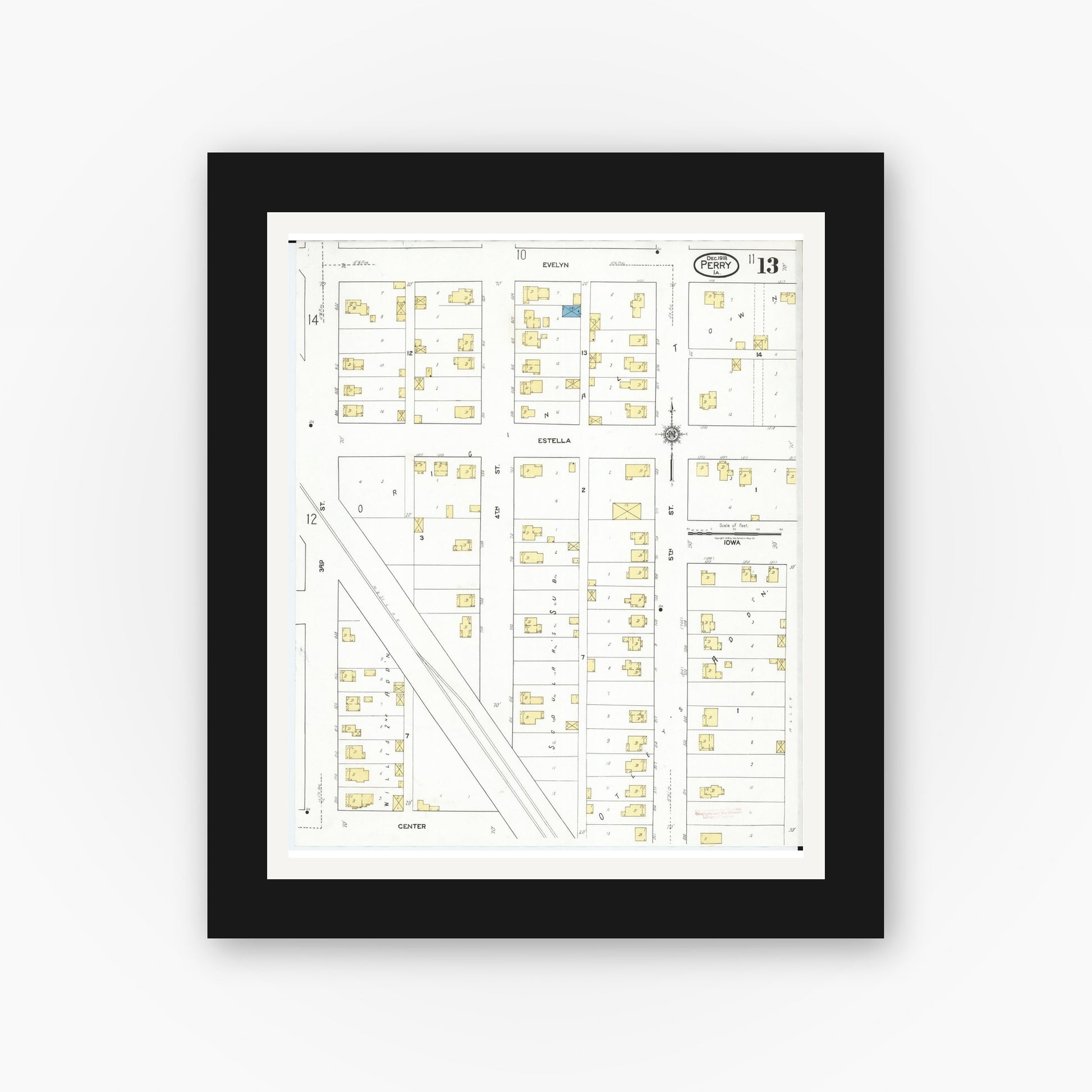 Old map wall art mockup — black gallery frame with white mat — Sanborn Fire Insurance Map from Perry, Dallas County, Iowa (1918), Sheet #0013