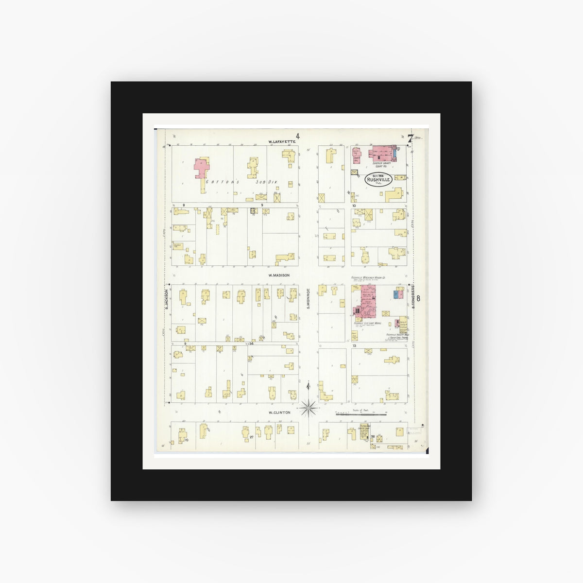Old map wall art mockup — black gallery frame with white mat — Sanborn Fire Insurance Map from Rushville, Schuyler County, Illinois (1906), Sheet #0007