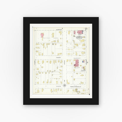 Old map wall art mockup — black gallery frame with white mat — Sanborn Fire Insurance Map from Rushville, Schuyler County, Illinois (1906), Sheet #0007