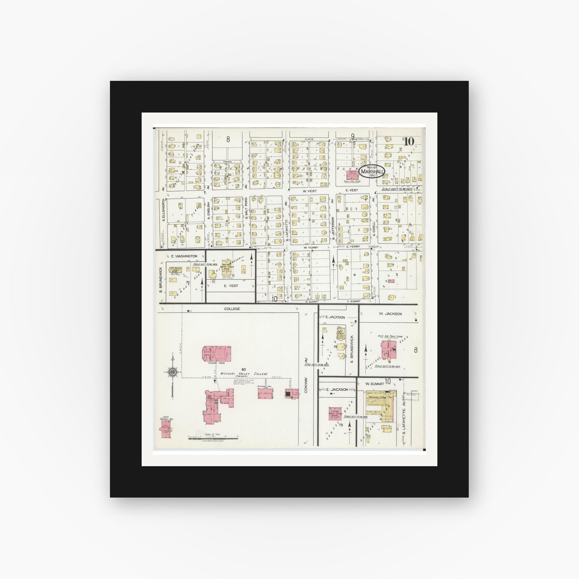 Old map wall art mockup — black gallery frame with white mat — Sanborn Fire Insurance Map from Marshall, Saline County, Missouri (1917), Sheet #0010
