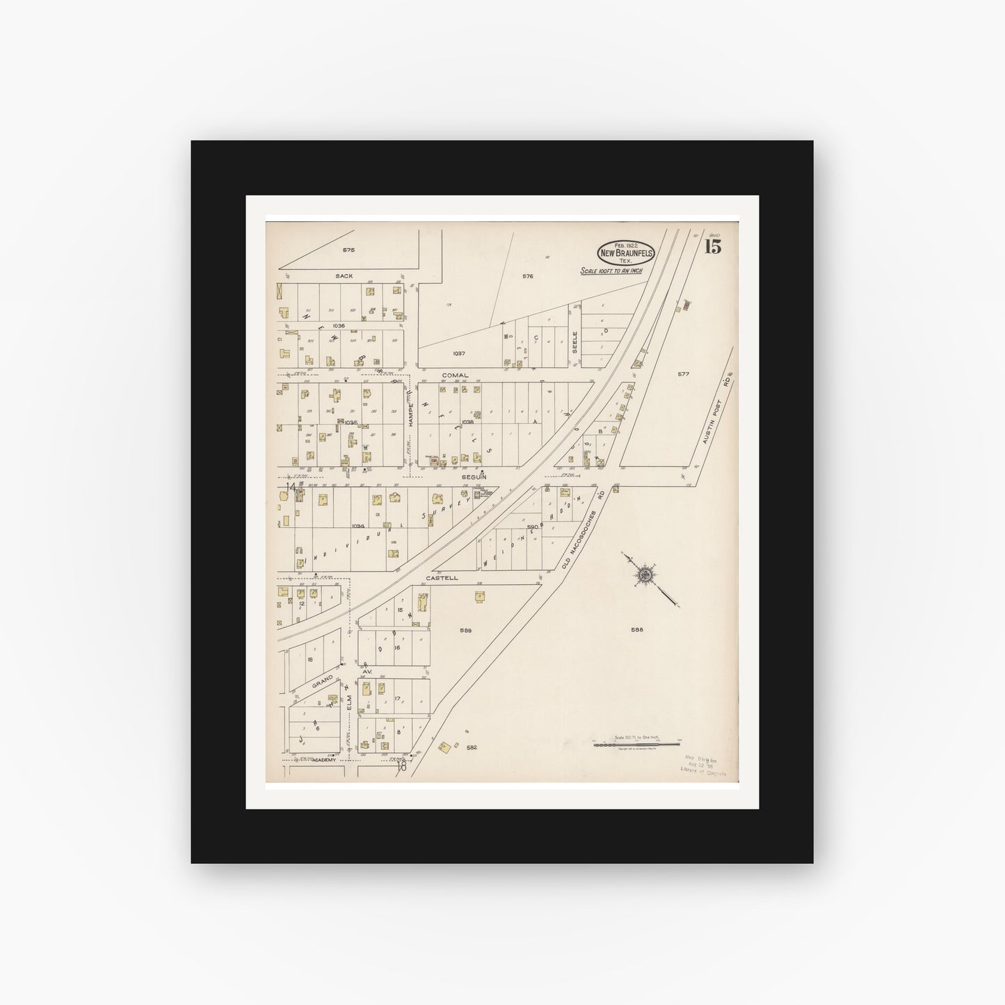 Old map wall art mockup — black gallery frame with white mat — Sanborn Fire Insurance Map from New Braunfels, Comal County, Texas (1922), Sheet #0015