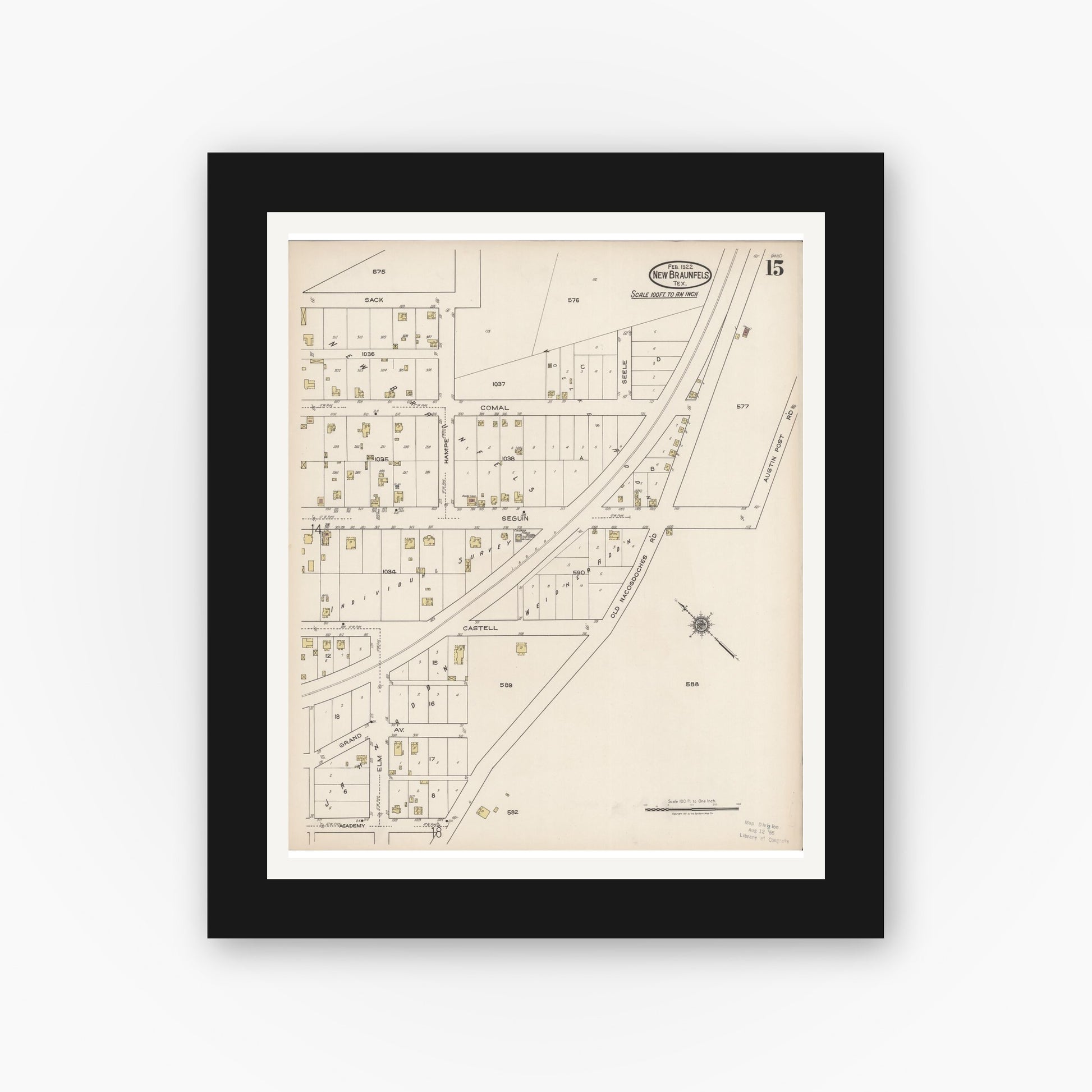 Old map wall art mockup — black gallery frame with white mat — Sanborn Fire Insurance Map from New Braunfels, Comal County, Texas (1922), Sheet #0015