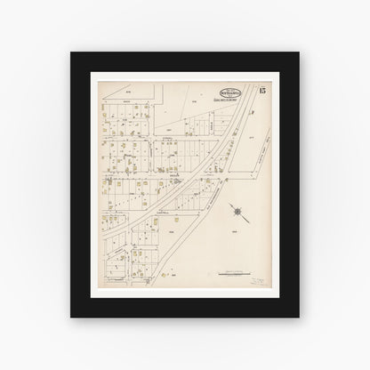 Old map wall art mockup — black gallery frame with white mat — Sanborn Fire Insurance Map from New Braunfels, Comal County, Texas (1922), Sheet #0015