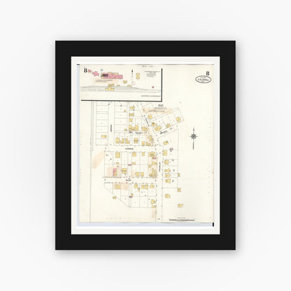 Old map wall art mockup — black gallery frame with white mat — Sanborn Fire Insurance Map from Caldwell, Noble County, Ohio (1932), Sheet #0008