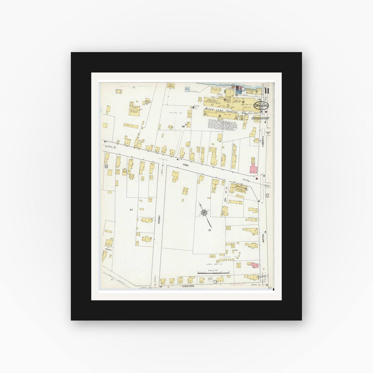 Old map wall art mockup — black gallery frame with white mat — Sanborn Fire Insurance Map from Danvers, Essex County, Massachusetts (1916), Sheet #0011