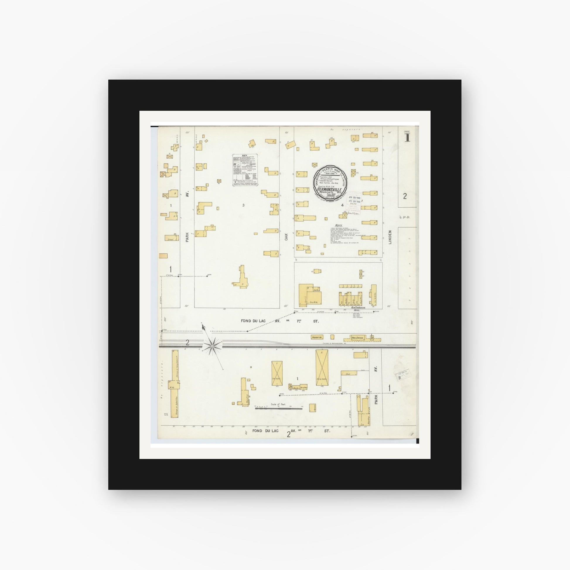 Old map wall art mockup — black gallery frame with white mat — Sanborn Fire Insurance Map from Hermansville, Menominee County, Michigan (1900) - Complete Map Set