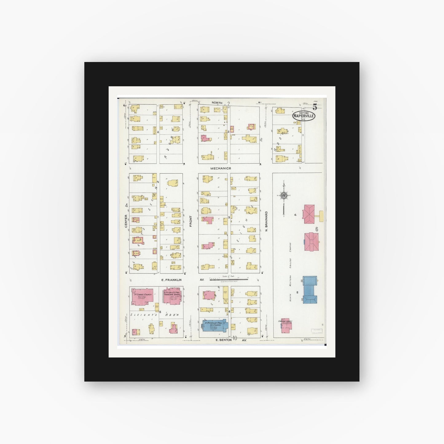 Old map wall art mockup — black gallery frame with white mat — Sanborn Fire Insurance Map from Naperville, Du Page County, Illinois (1921), Sheet #0005