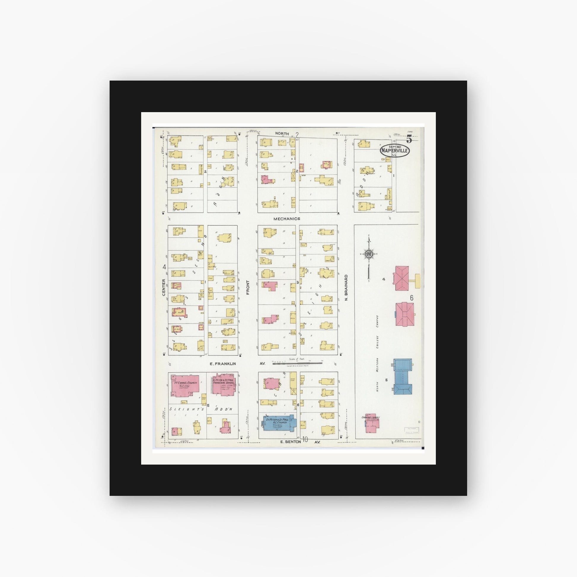 Old map wall art mockup — black gallery frame with white mat — Sanborn Fire Insurance Map from Naperville, Du Page County, Illinois (1921), Sheet #0005