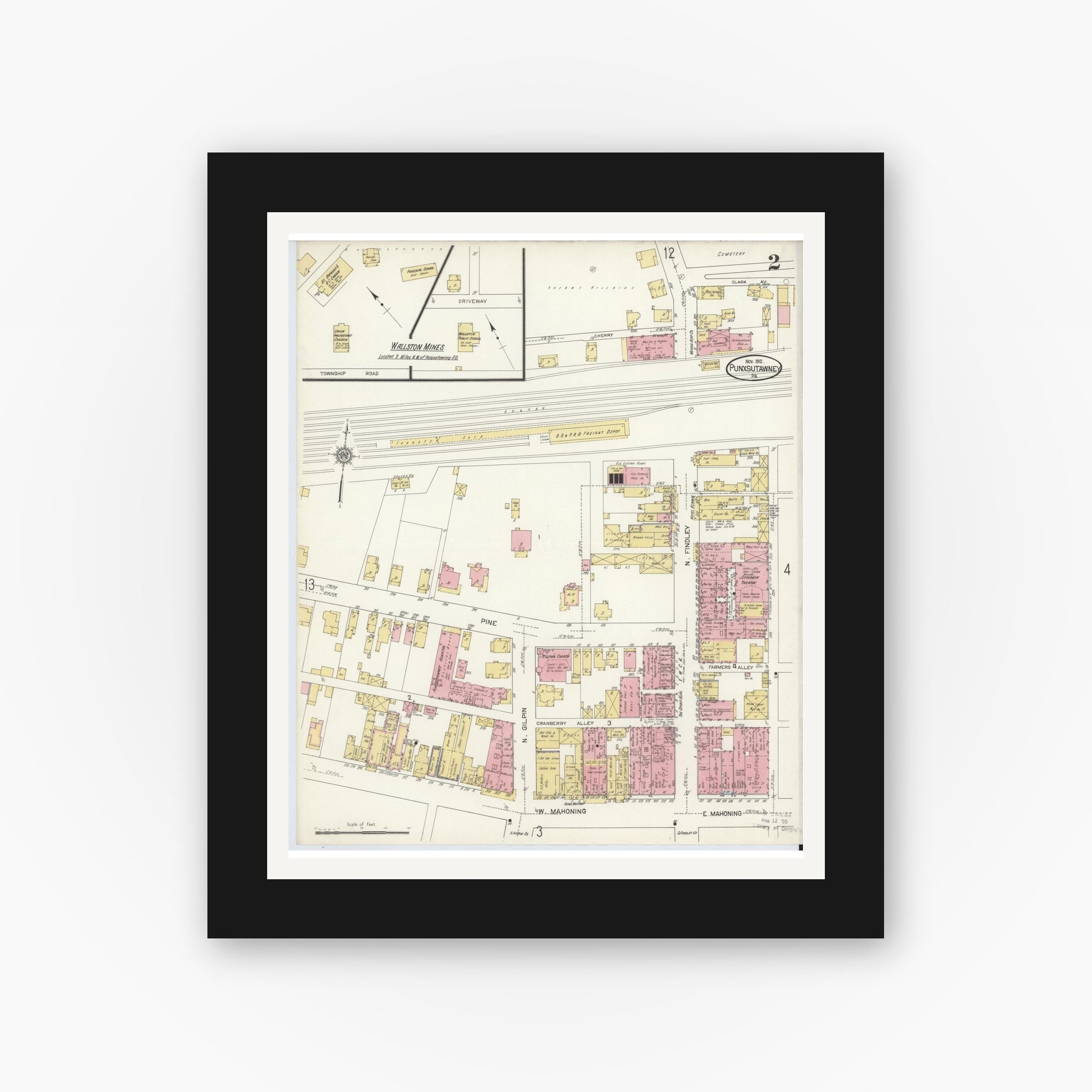 Old map wall art mockup — black gallery frame with white mat — Sanborn Fire Insurance Map from Punxsutawney, Jefferson County, Pennsylvania (1912), Sheet #0002
