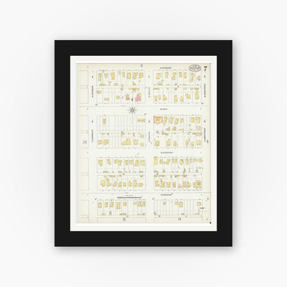 Old map wall art mockup — black gallery frame with white mat — Sanborn Fire Insurance Map from Denison, Grayson County, Texas (1903), Sheet #0007