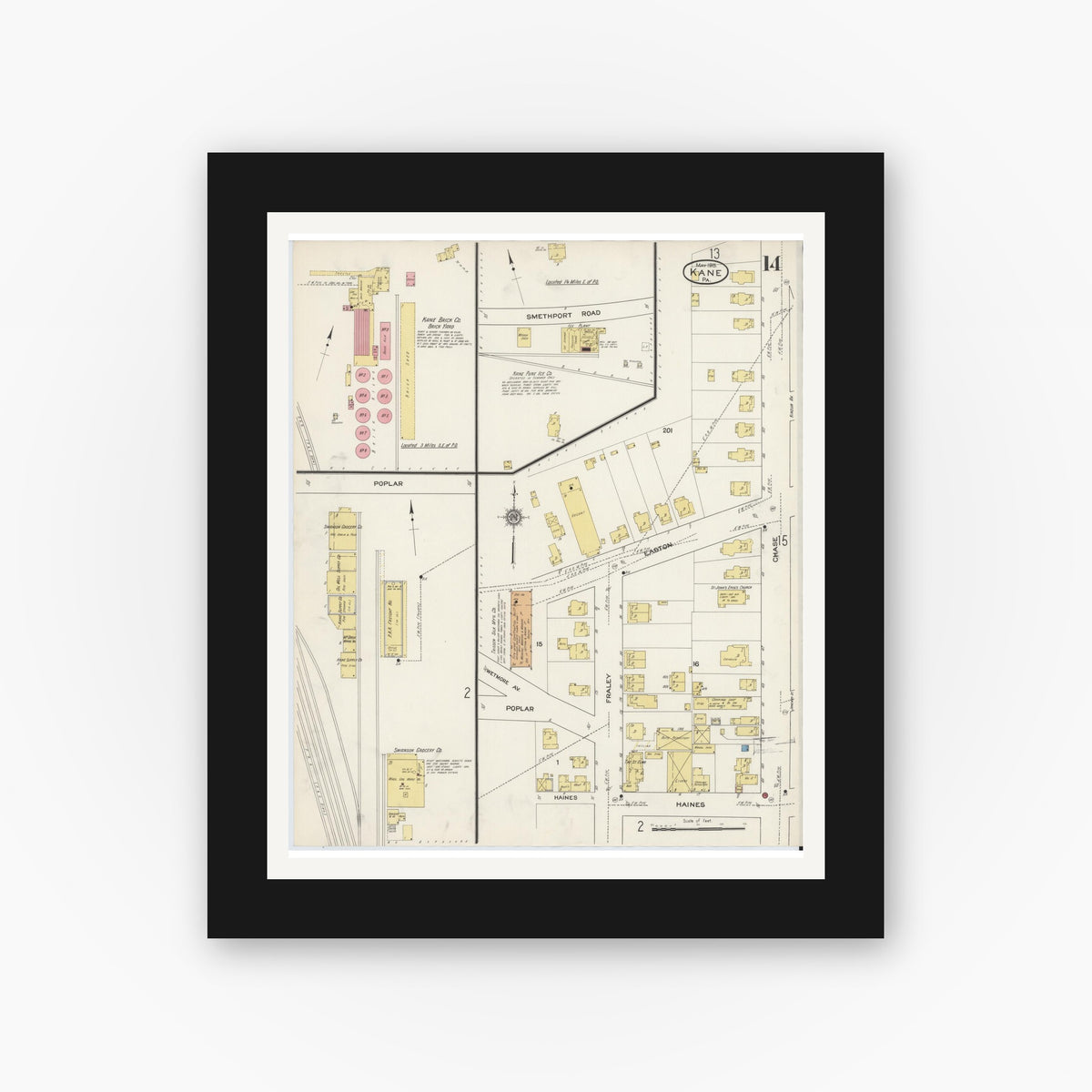 Old map wall art mockup — black gallery frame with white mat — Sanborn Fire Insurance Map from Kane, McKean County, Pennsylvania (1915), Sheet #0014