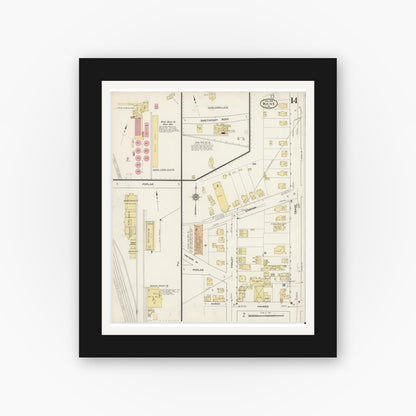 Old map wall art mockup — black gallery frame with white mat — Sanborn Fire Insurance Map from Kane, McKean County, Pennsylvania (1915), Sheet #0014