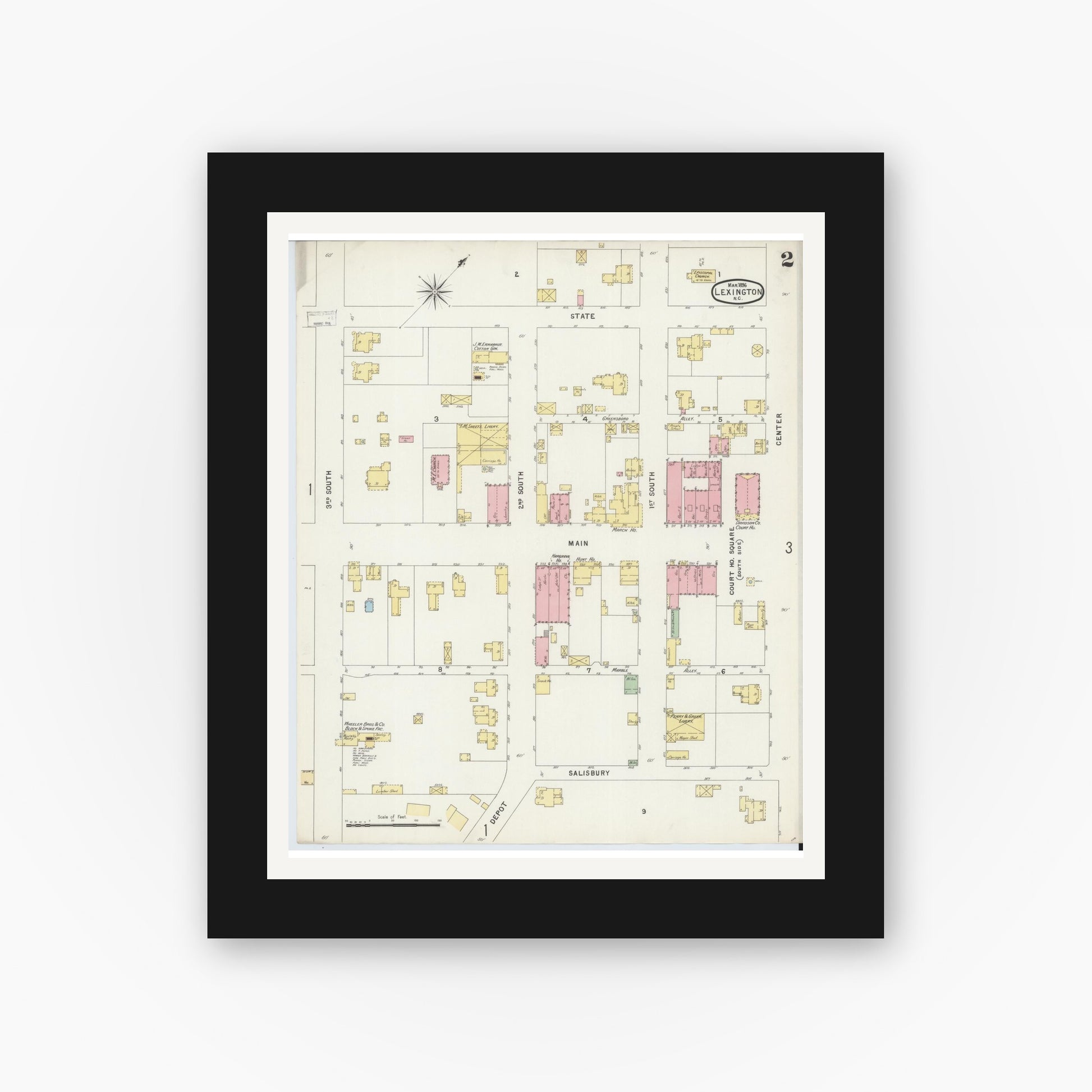 Old map wall art mockup — black gallery frame with white mat — Sanborn Fire Insurance Map from Lexington, Davidson County, North Carolina (1896), Sheet #0002