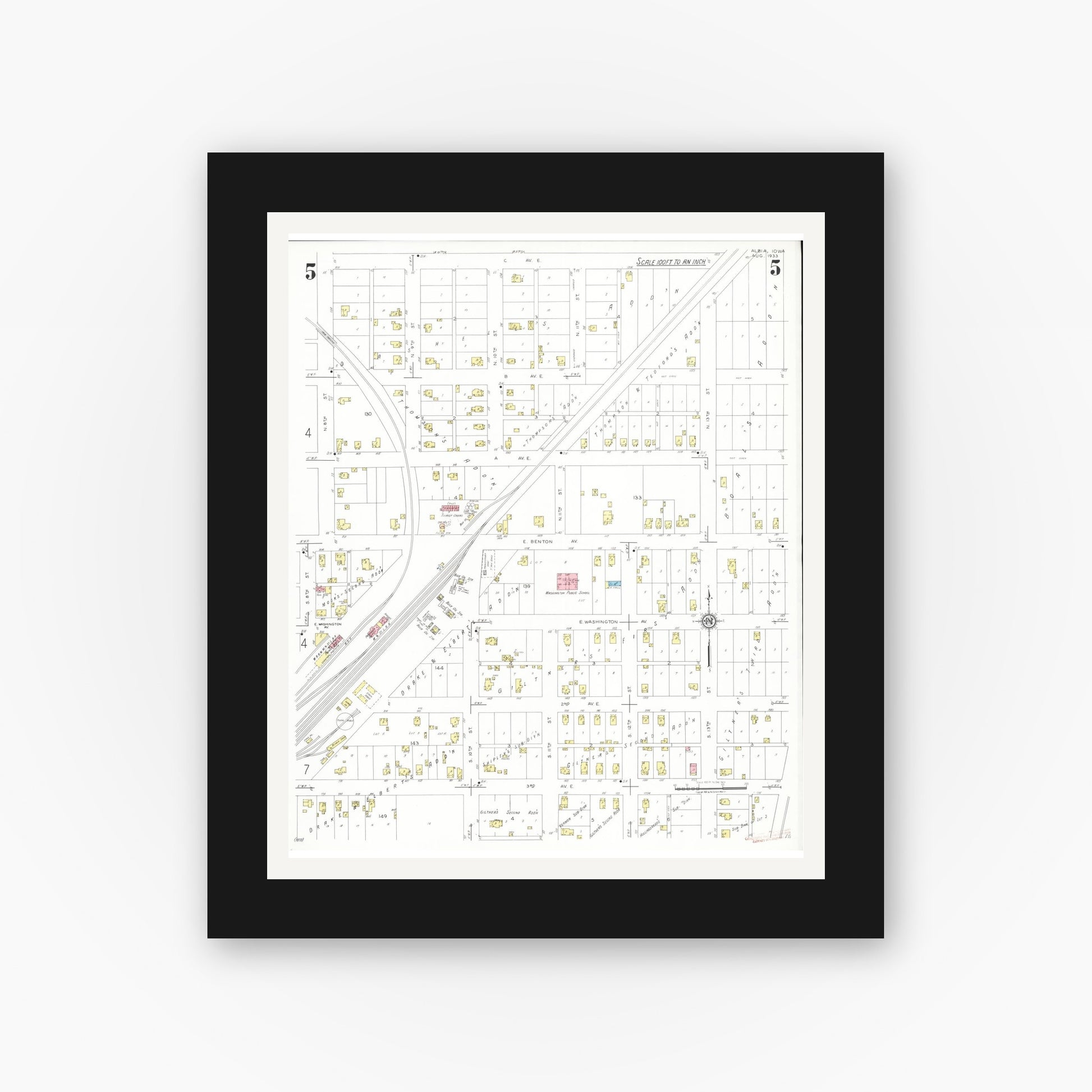 Old map wall art mockup — black gallery frame with white mat — Sanborn Fire Insurance Map from Albia, Monroe County, Iowa (1933), Sheet #0005