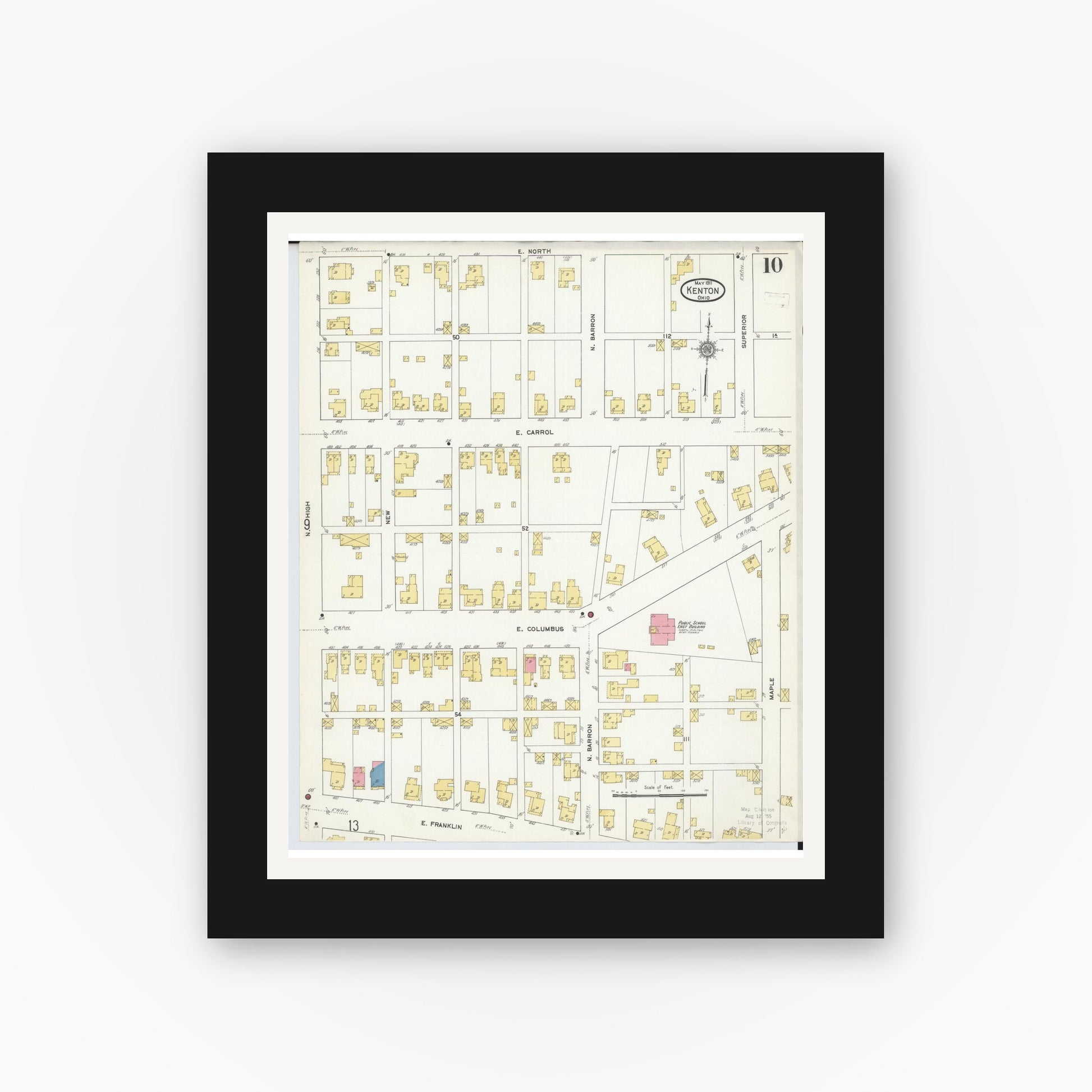 Old map wall art mockup — black gallery frame with white mat — Sanborn Fire Insurance Map from Kenton, Hardin County, Ohio (1911), Sheet #0010