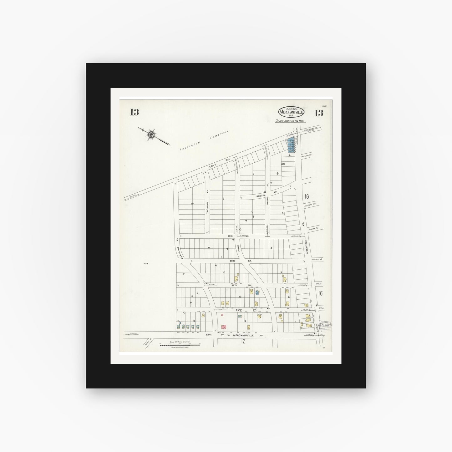 Old map wall art mockup — black gallery frame with white mat — Sanborn Fire Insurance Map from Merchantville, Camden County, New Jersey (1925), Sheet #0013