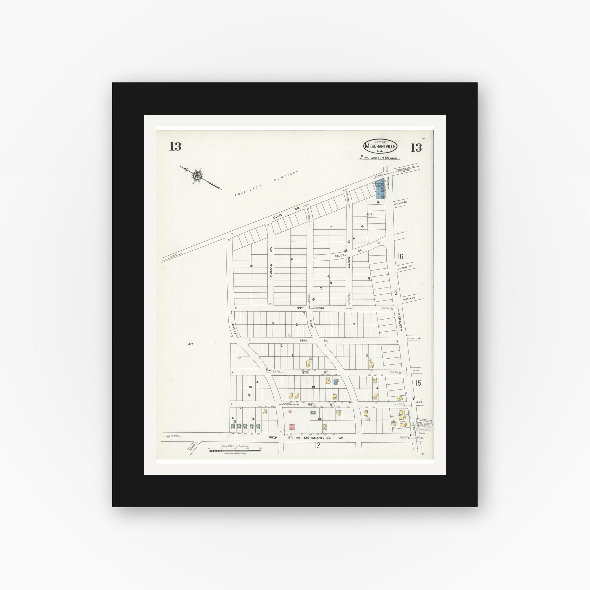 Old map wall art mockup — black gallery frame with white mat — Sanborn Fire Insurance Map from Merchantville, Camden County, New Jersey (1925), Sheet #0013