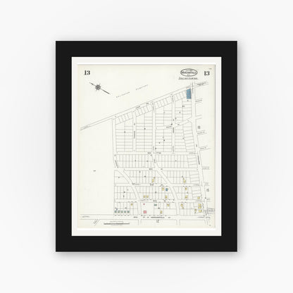 Old map wall art mockup — black gallery frame with white mat — Sanborn Fire Insurance Map from Merchantville, Camden County, New Jersey (1925), Sheet #0013
