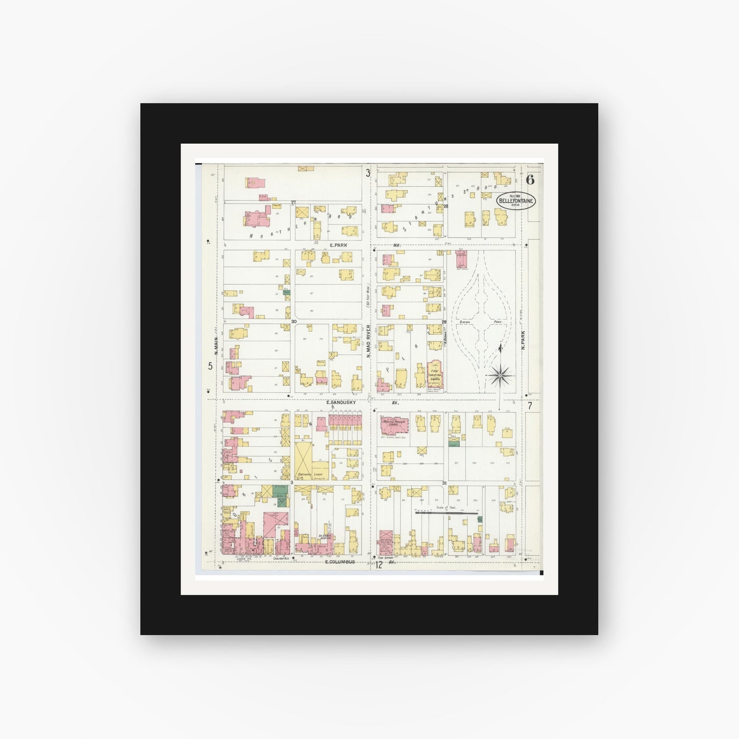 Old map wall art mockup — black gallery frame with white mat — Sanborn Fire Insurance Map from Bellefontaine, Logan County, Ohio (1901), Sheet #0006