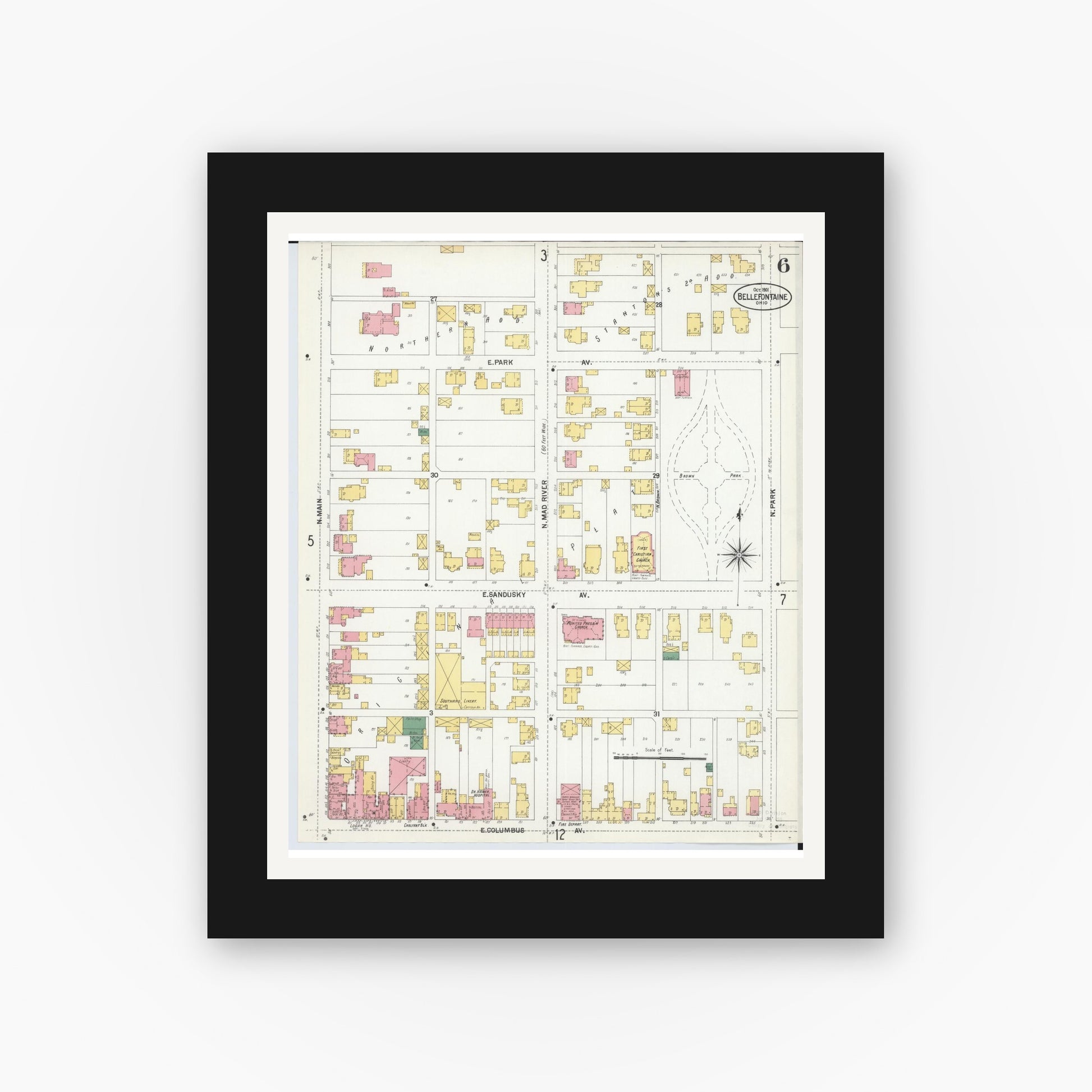 Old map wall art mockup — black gallery frame with white mat — Sanborn Fire Insurance Map from Bellefontaine, Logan County, Ohio (1901), Sheet #0006