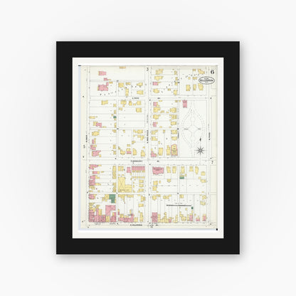Old map wall art mockup — black gallery frame with white mat — Sanborn Fire Insurance Map from Bellefontaine, Logan County, Ohio (1901), Sheet #0006