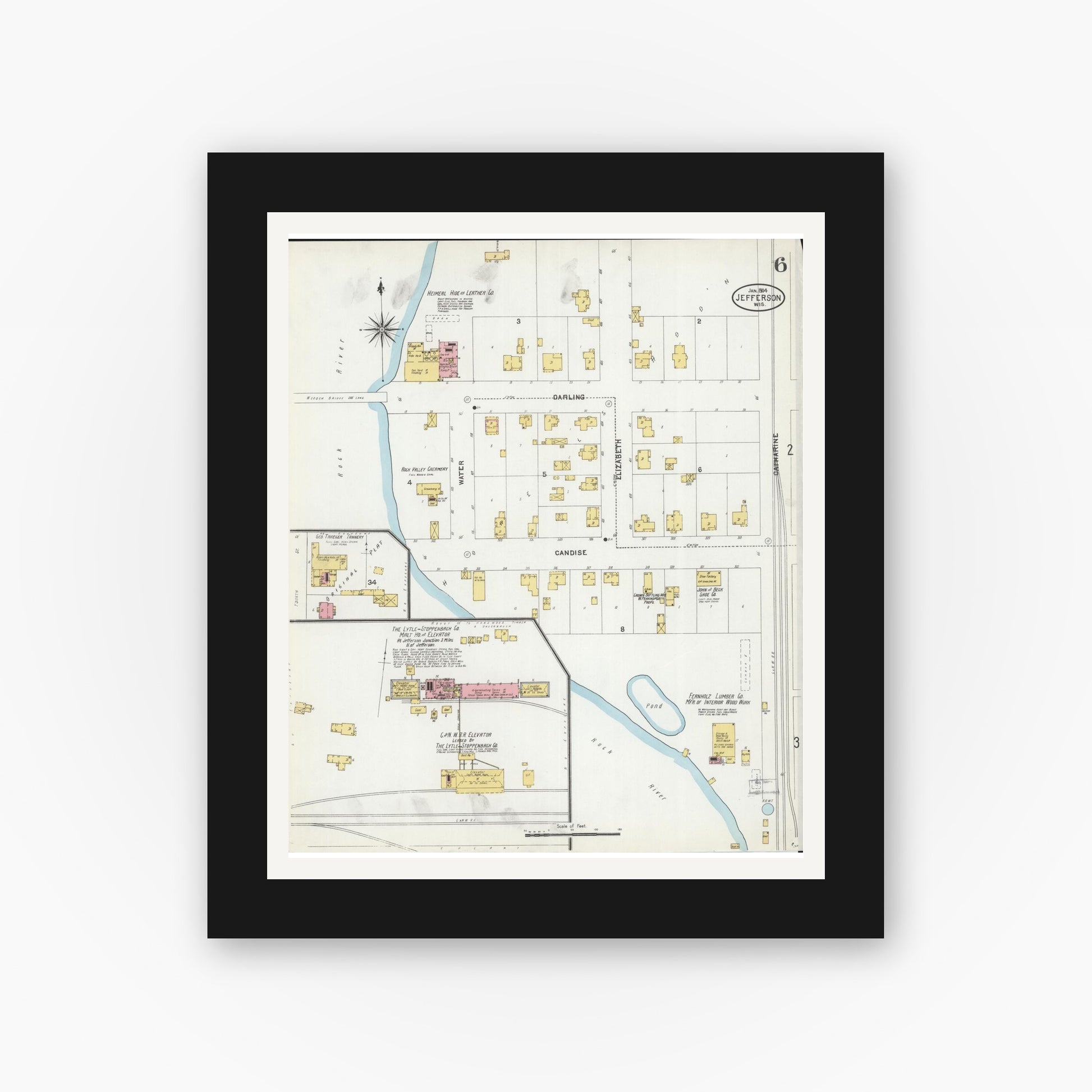Old map wall art mockup — black gallery frame with white mat — Sanborn Fire Insurance Map from Jefferson, Jefferson County, Wisconsin (1904), Sheet #0006
