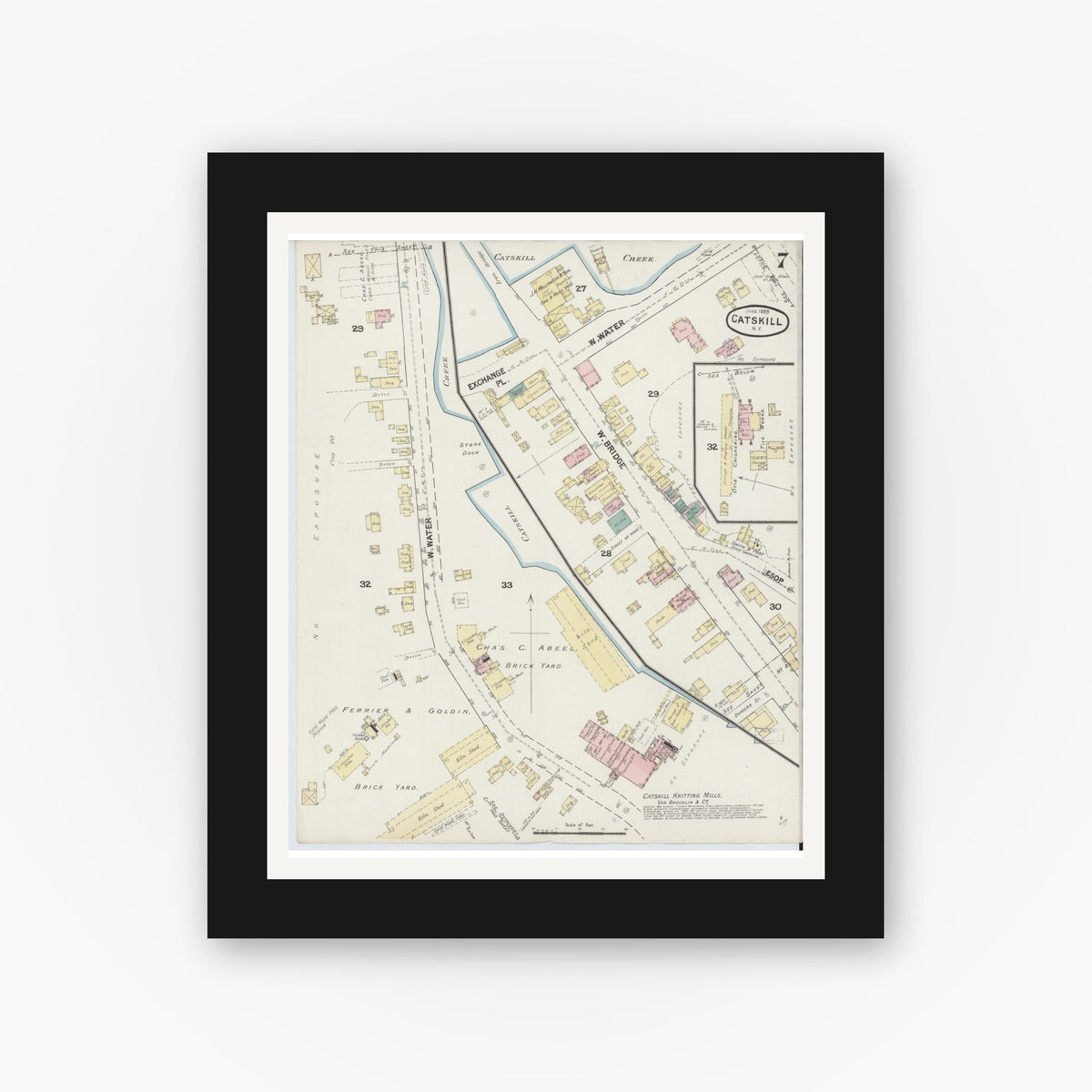 Old map wall art mockup — black gallery frame with white mat — Sanborn Fire Insurance Map from Catskill, Greene County, New York (1889), Sheet #0007