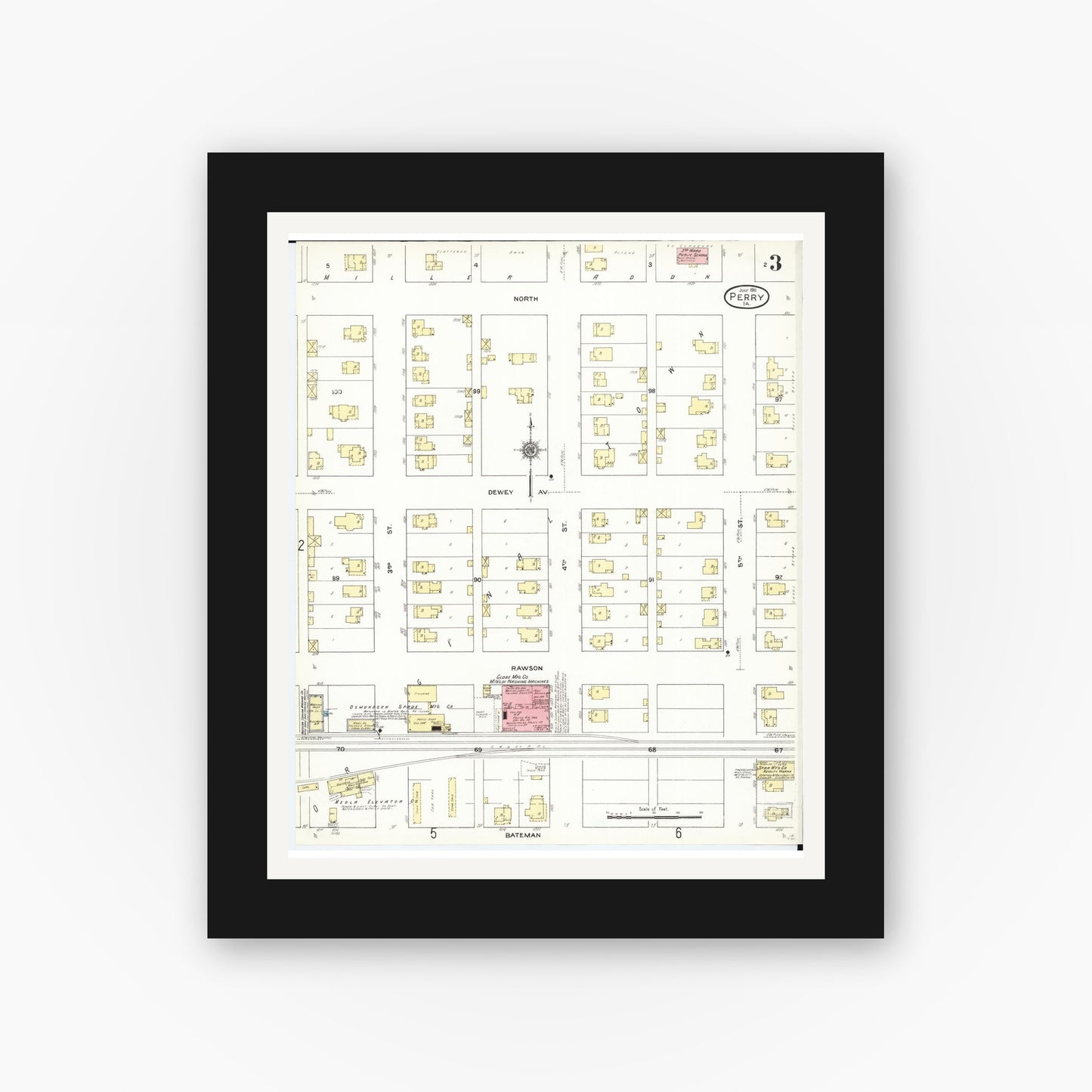 Old map wall art mockup — black gallery frame with white mat — Sanborn Fire Insurance Map from Perry, Dallas County, Iowa (1911), Sheet #0003