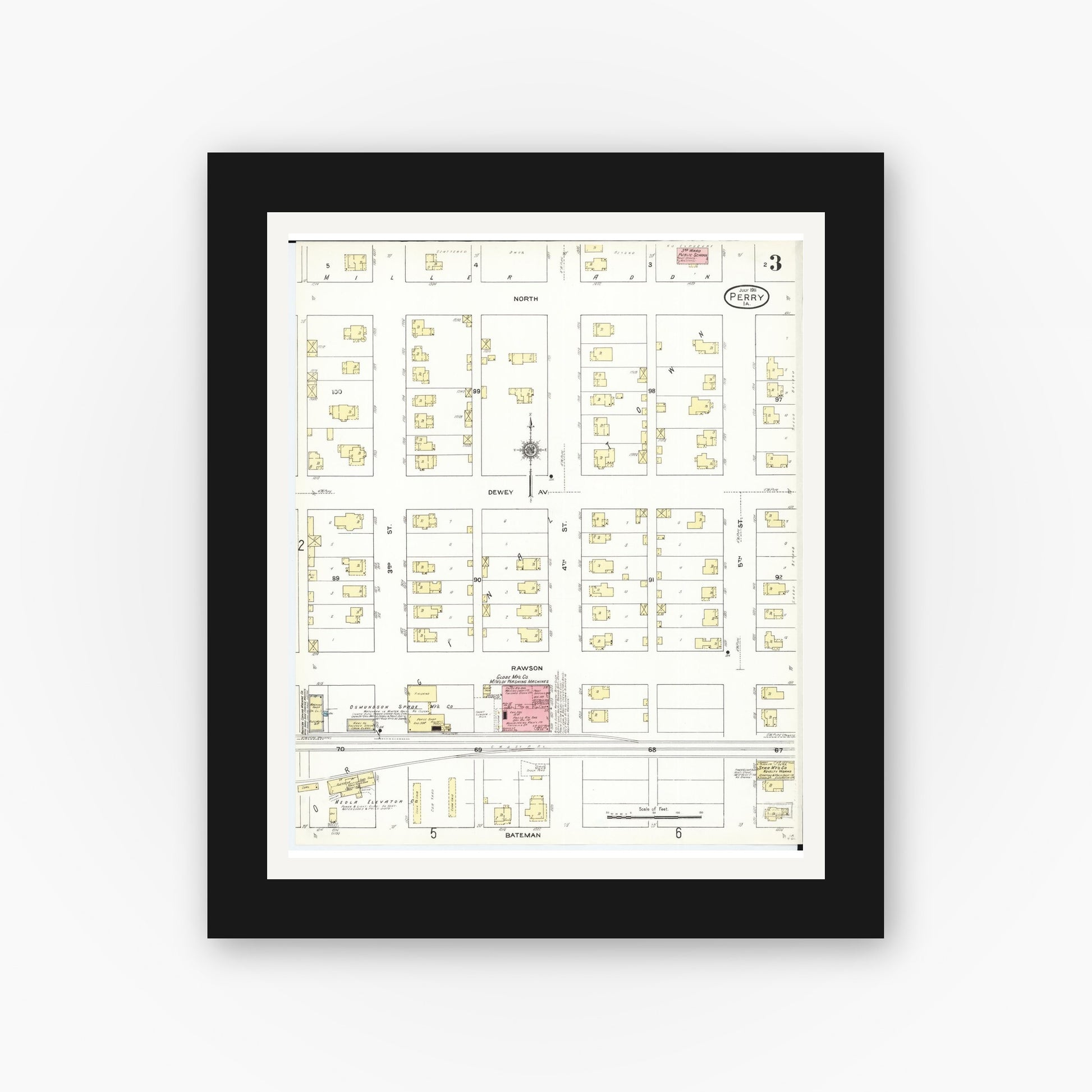 Old map wall art mockup — black gallery frame with white mat — Sanborn Fire Insurance Map from Perry, Dallas County, Iowa (1911), Sheet #0003