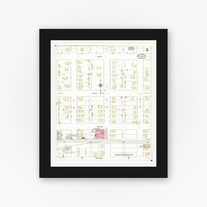 Old map wall art mockup — black gallery frame with white mat — Sanborn Fire Insurance Map from Perry, Dallas County, Iowa (1911), Sheet #0003