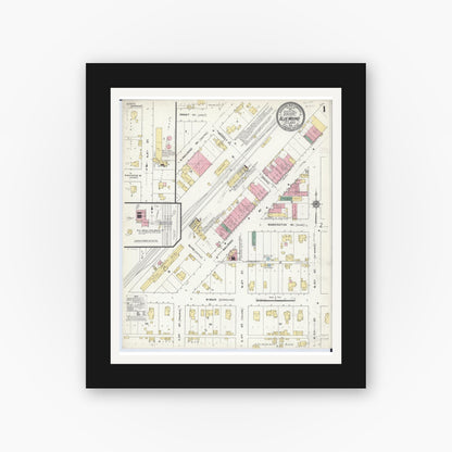 Old map wall art mockup — black gallery frame with white mat — Sanborn Fire Insurance Map from Blue Mound, Macon County, Illinois (1910), Sheet #0001