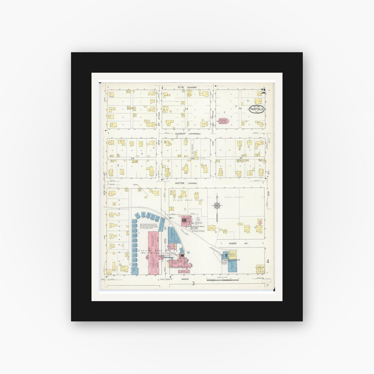 Old map wall art mockup — black gallery frame with white mat — Sanborn Fire Insurance Map from Fairfield, Wayne County, Illinois (1913), Sheet #0002