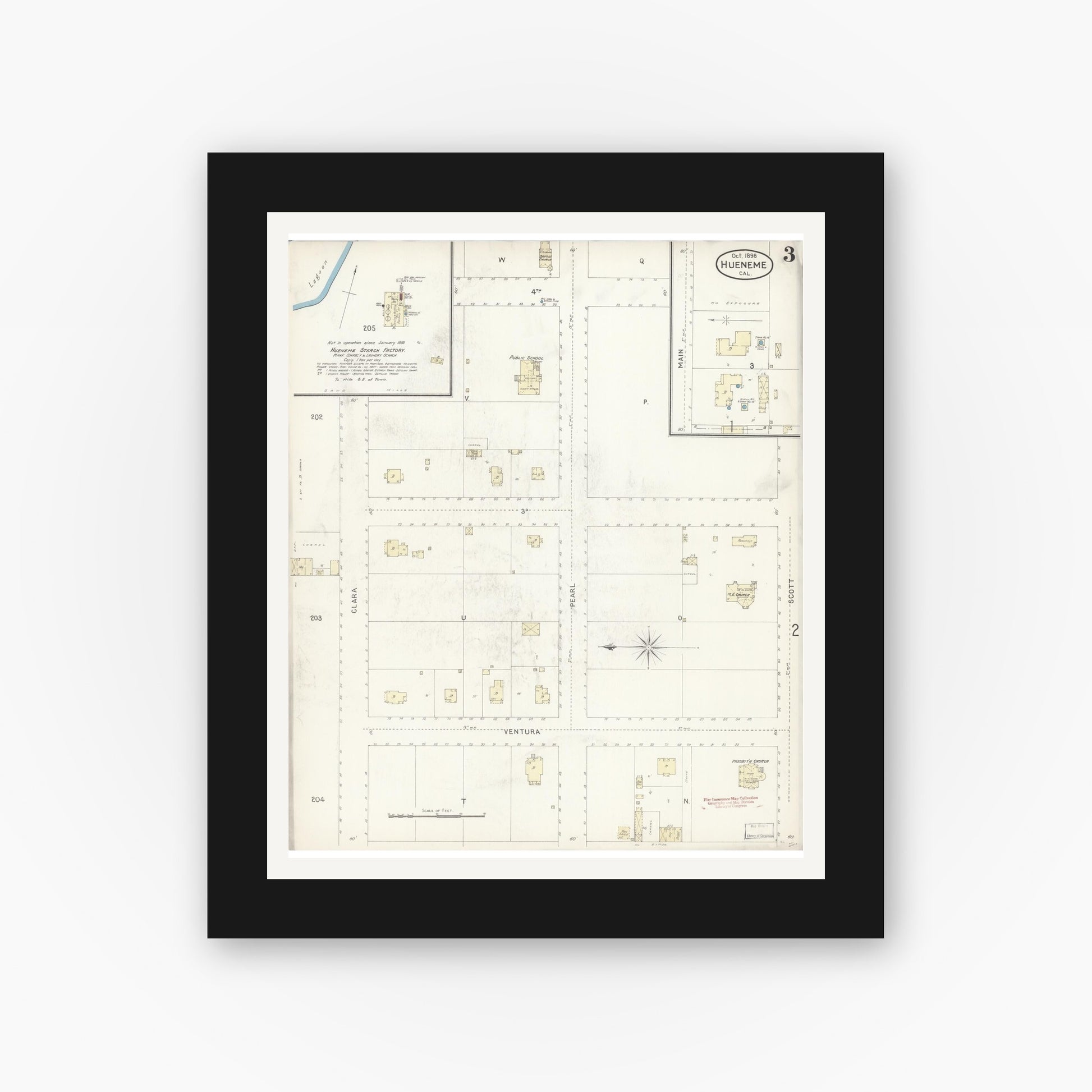 Old map wall art mockup — black gallery frame with white mat — Sanborn Fire Insurance Map from Hueneme, Ventura County, California (1898), Sheet #0003
