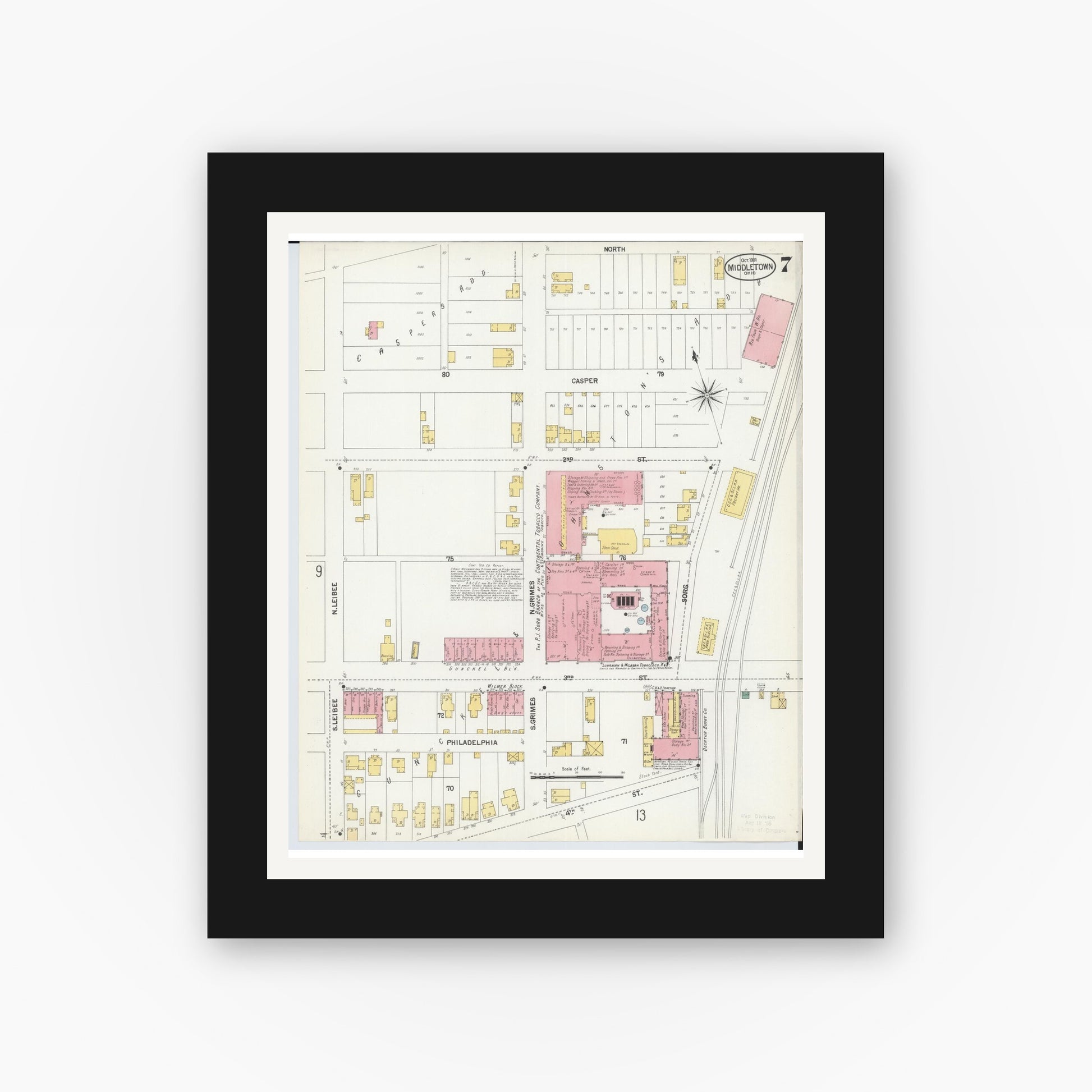 Old map wall art mockup — black gallery frame with white mat — Sanborn Fire Insurance Map from Middletown, Butler County, Ohio (1901), Sheet #0007