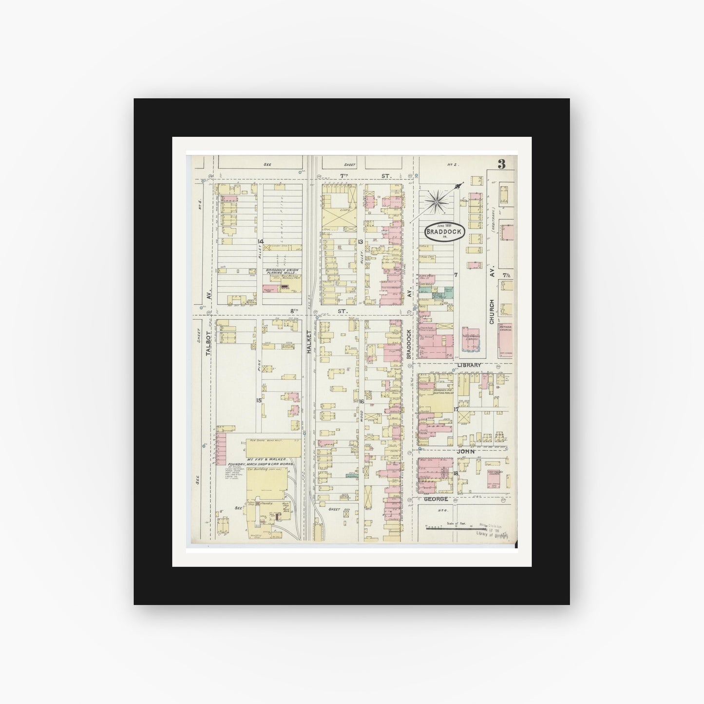 Old map wall art mockup — black gallery frame with white mat — Sanborn Fire Insurance Map from Braddock, Allegheny County, Pennsylvania (1891), Sheet #0003