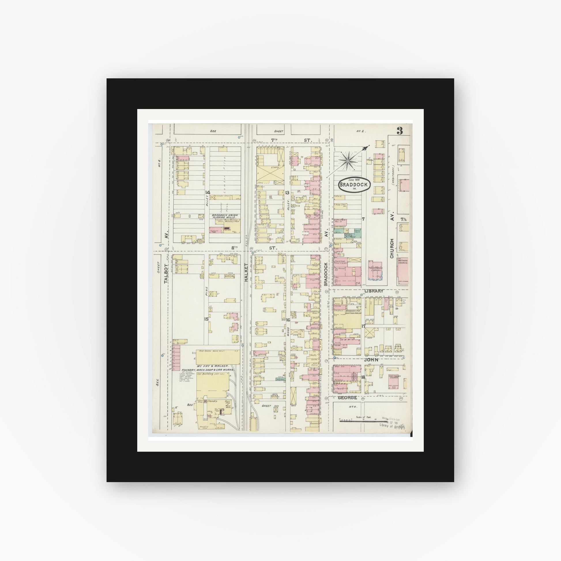 Old map wall art mockup — black gallery frame with white mat — Sanborn Fire Insurance Map from Braddock, Allegheny County, Pennsylvania (1891), Sheet #0003