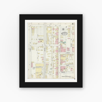 Old map wall art mockup — black gallery frame with white mat — Sanborn Fire Insurance Map from Braddock, Allegheny County, Pennsylvania (1891), Sheet #0003