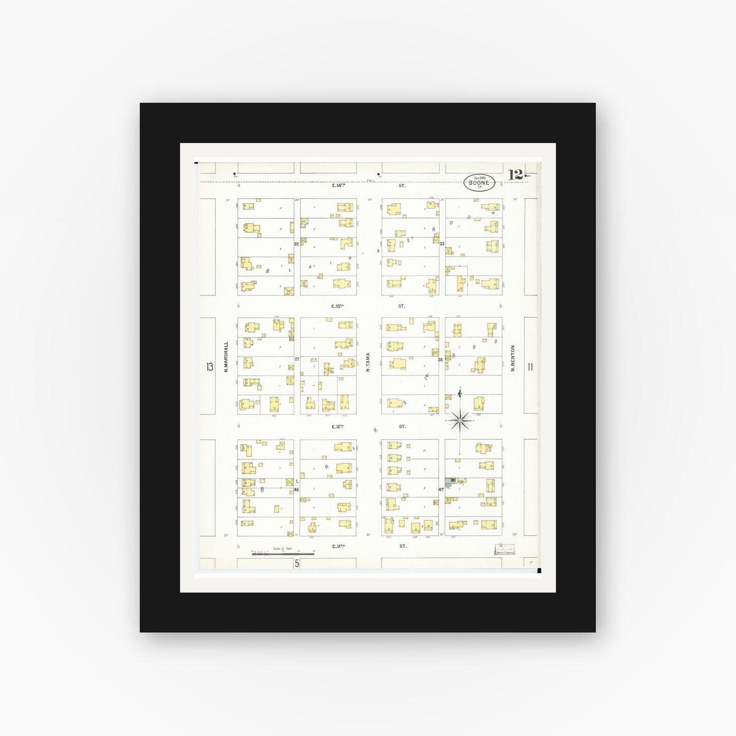 Old map wall art mockup — black gallery frame with white mat — Sanborn Fire Insurance Map from Boone, Boone County, Iowa (1900), Sheet #0012
