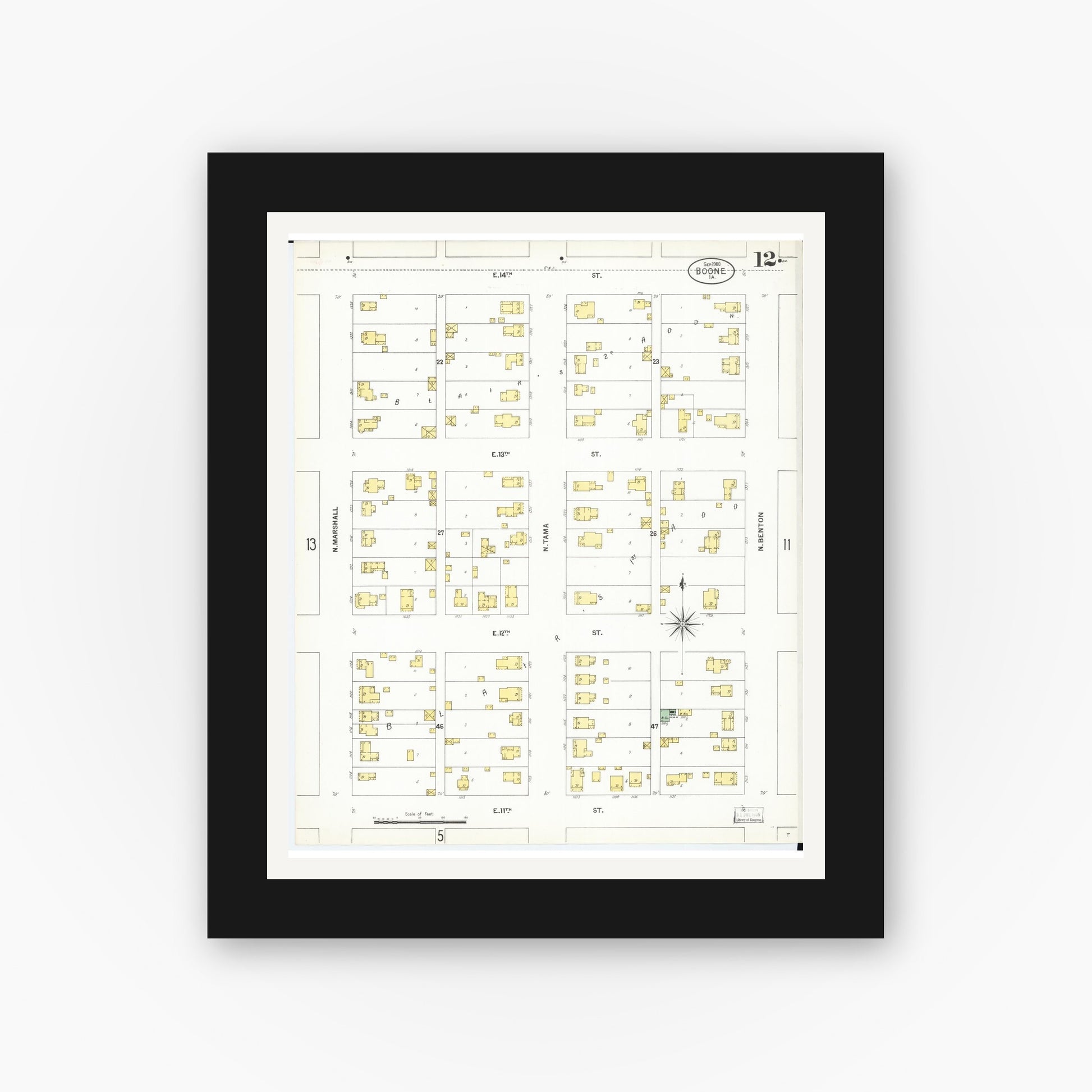 Old map wall art mockup — black gallery frame with white mat — Sanborn Fire Insurance Map from Boone, Boone County, Iowa (1900), Sheet #0012