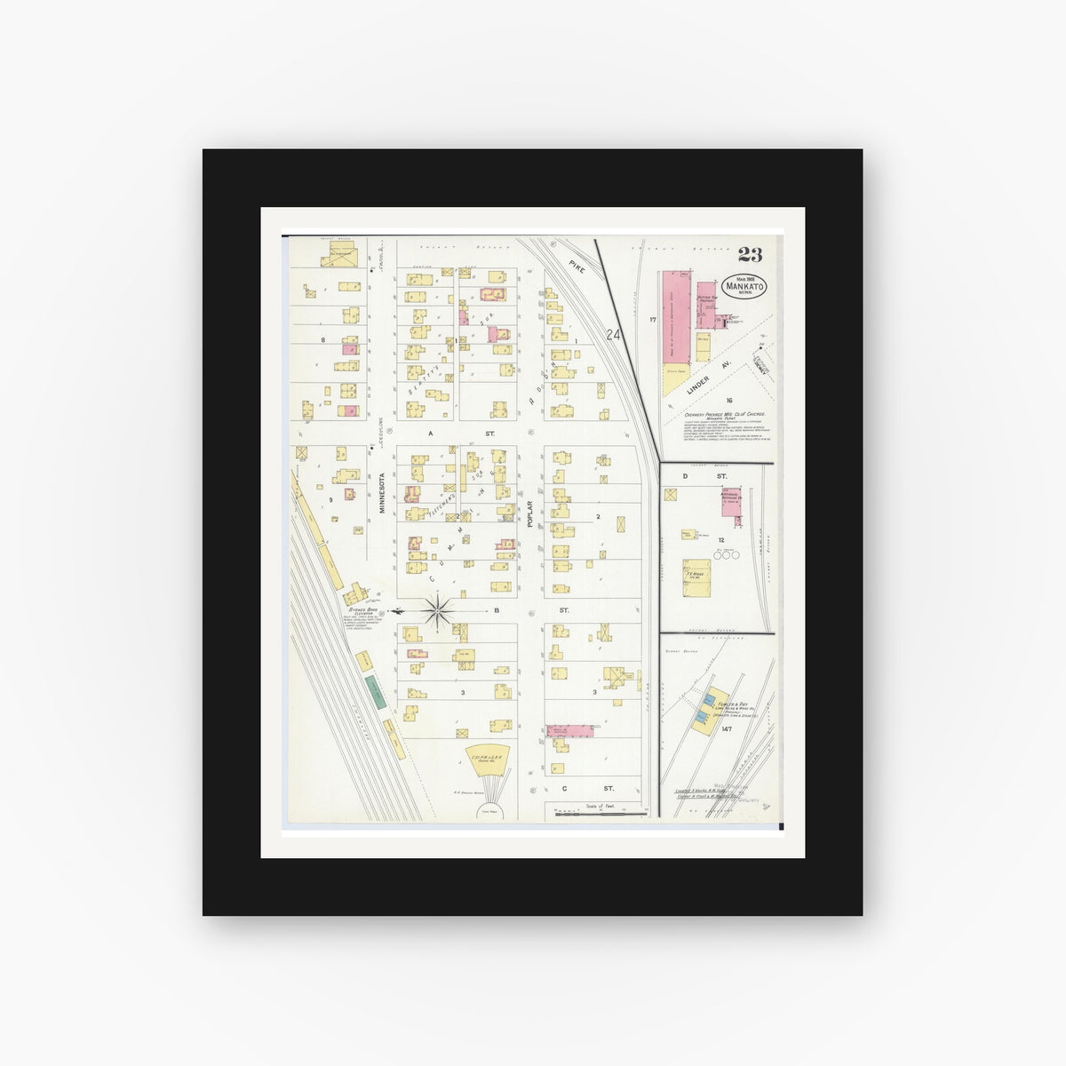 Old map wall art mockup — black gallery frame with white mat — Sanborn Fire Insurance Map from Mankato, Blue Earth County, Minnesota (1908), Sheet #0023