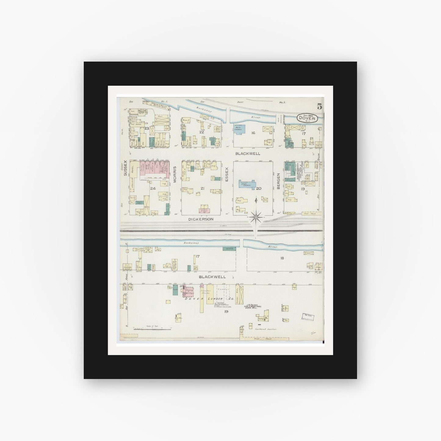 Old map wall art mockup — black gallery frame with white mat — Sanborn Fire Insurance Map from Dover, Morris County, New Jersey (1886), Sheet #0005