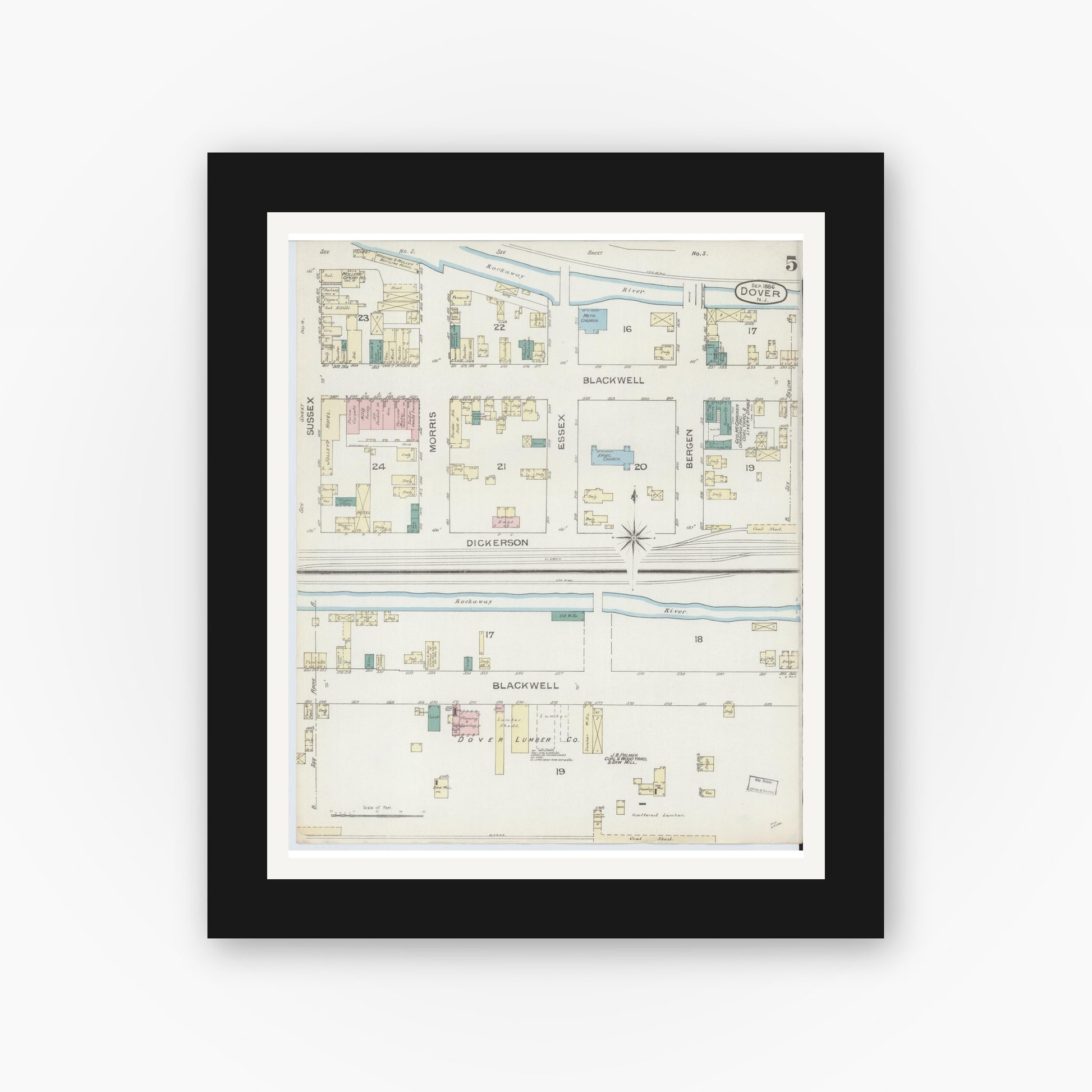 Old map wall art mockup — black gallery frame with white mat — Sanborn Fire Insurance Map from Dover, Morris County, New Jersey (1886), Sheet #0005