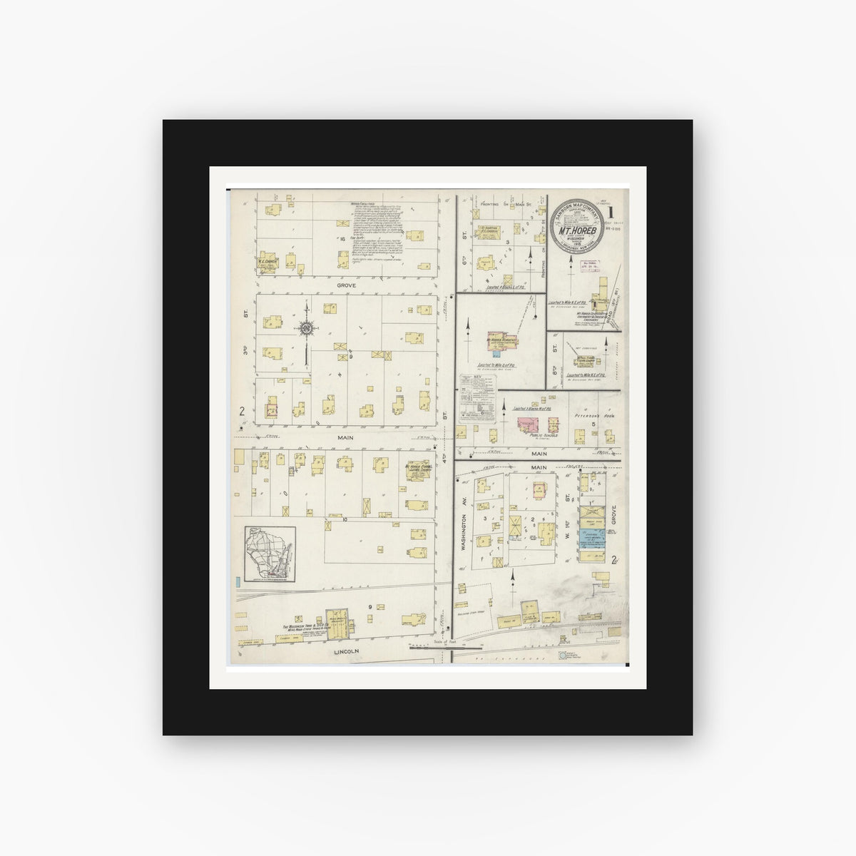 Old map wall art mockup — black gallery frame with white mat — Sanborn Fire Insurance Map from Mount Horeb, Dane County, Wisconsin (1915) - Complete Map Set