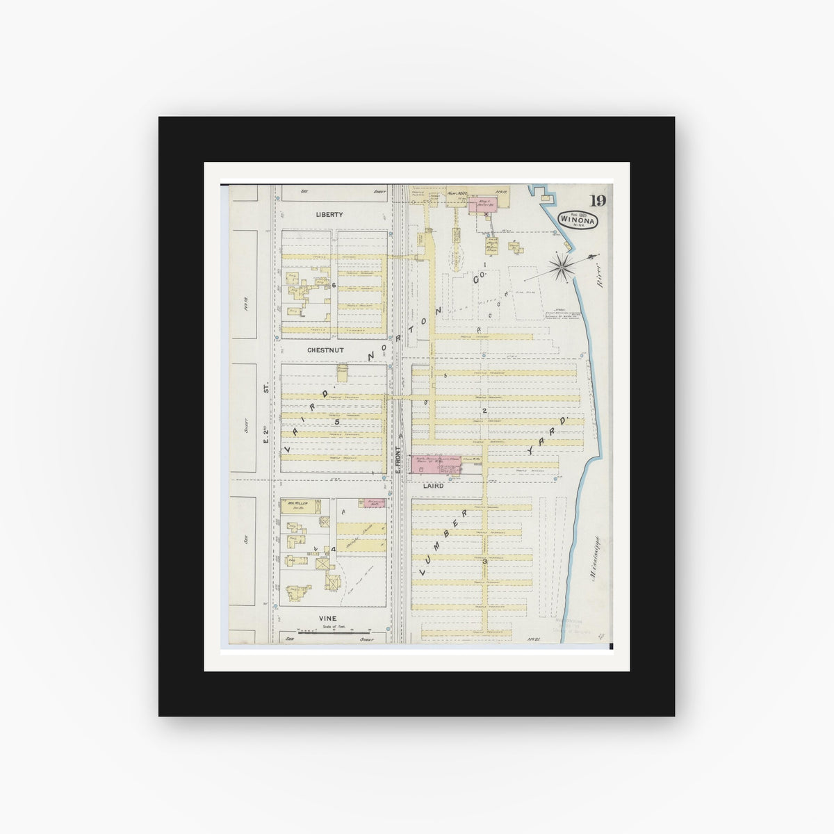 Old map wall art mockup — black gallery frame with white mat — Sanborn Fire Insurance Map from Winona, Winona County, Minnesota (1889), Sheet #0019