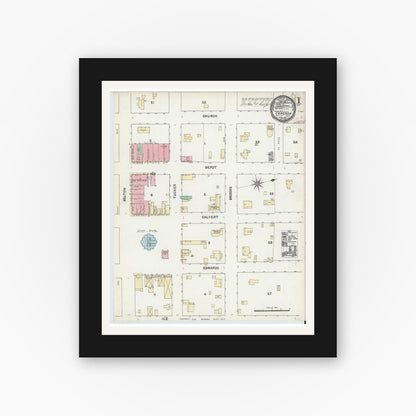 Old map wall art mockup — black gallery frame with white mat — Sanborn Fire Insurance Map from Cameron, Milam County, Texas (1891), Sheet #0001