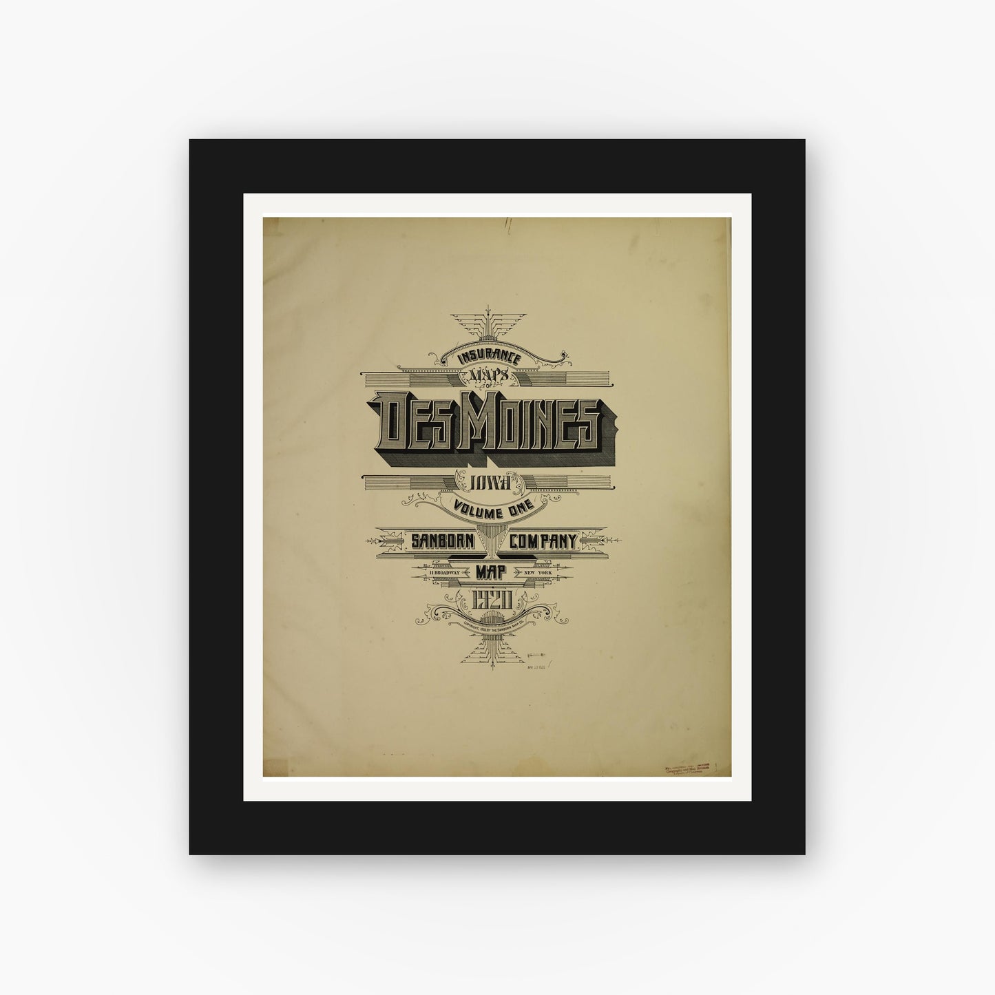 Old map wall art mockup — black gallery frame with white mat — Sanborn Fire Insurance Map from Des Moines, Polk County, Iowa (1920), Sheet #0001
