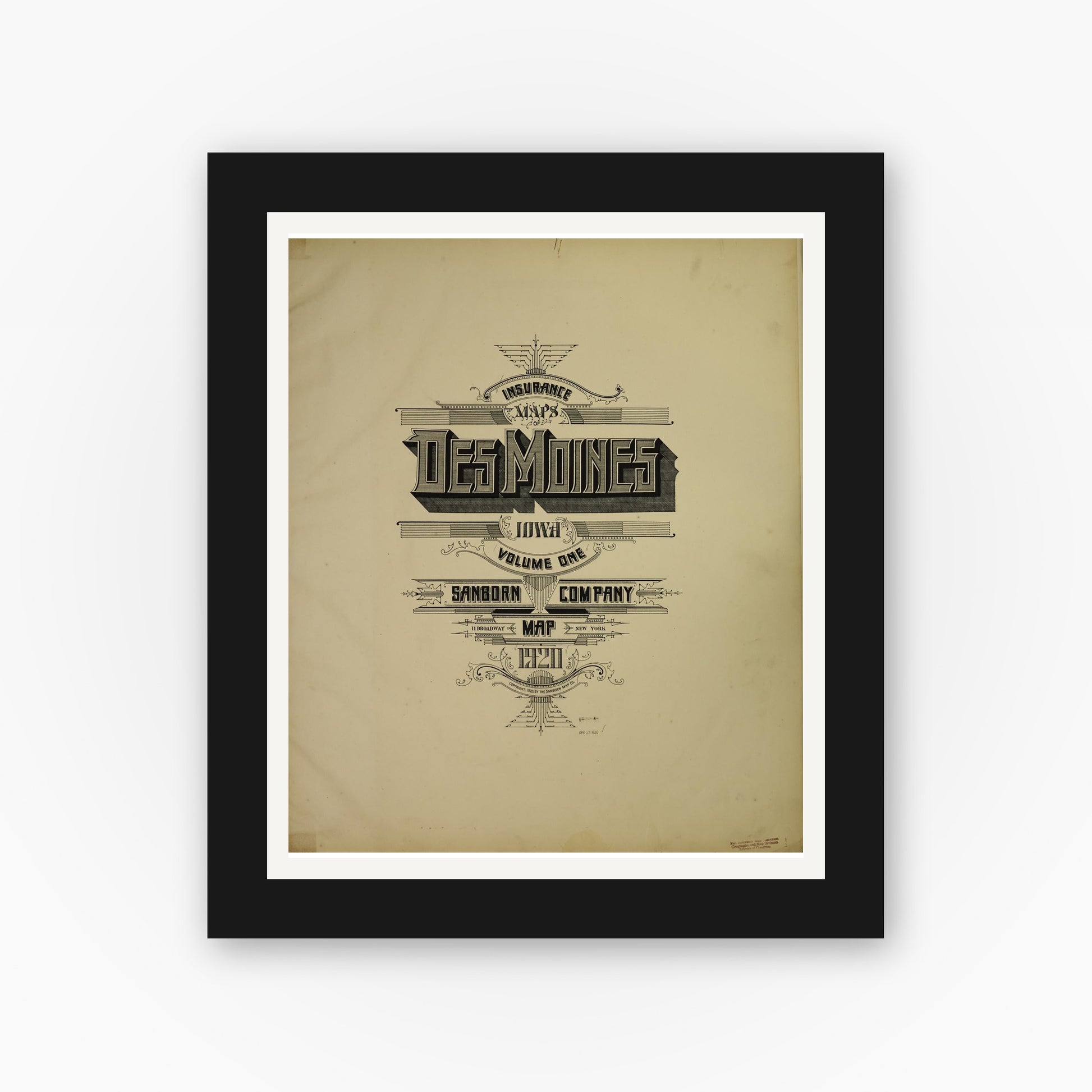 Old map wall art mockup — black gallery frame with white mat — Sanborn Fire Insurance Map from Des Moines, Polk County, Iowa (1920), Sheet #0001