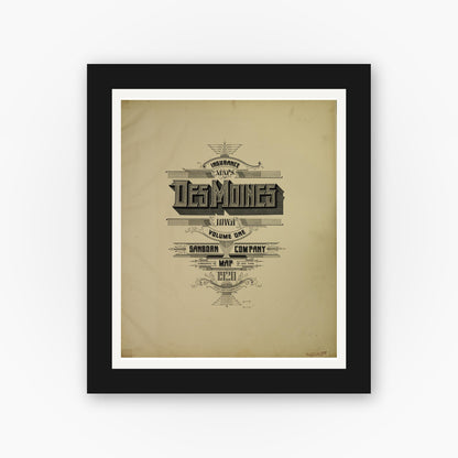 Old map wall art mockup — black gallery frame with white mat — Sanborn Fire Insurance Map from Des Moines, Polk County, Iowa (1920), Sheet #0001